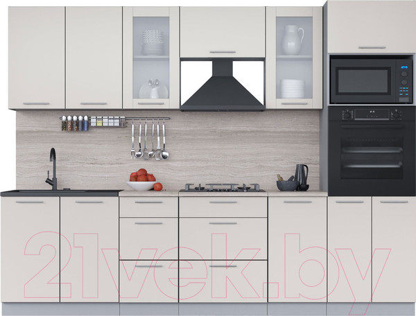 Изображение товара Кухонный гарнитур Интерлиния Мила 2.8 ВТ (персидский жемчуг/персидский жемчуг/травертин серый)