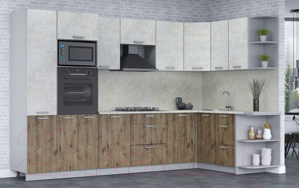 Изображение товара Кухонный гарнитур Интерлиния Мила Лайт 1.68x3.2 правая (бетон лайт/дуб веллингтон/опал светлый)