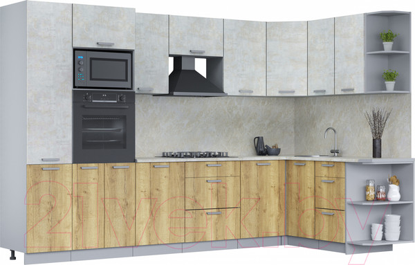 Изображение товара Кухонный гарнитур Интерлиния Мила Лайт 1.68x3.2 правая (бетон лайт/дуб золотой/опал светлый)