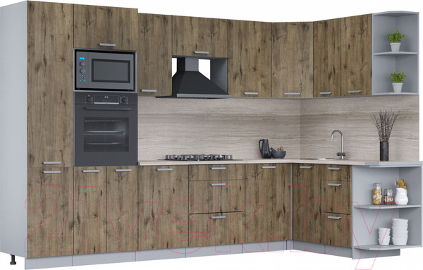 Изображение товара Кухонный гарнитур Интерлиния Мила Лайт 1.68x3.2 правая (дуб веллингтон/дуб веллингтон/травертин серый)