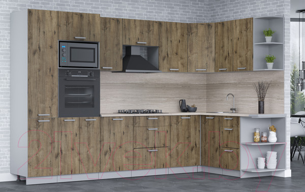 Изображение товара Кухонный гарнитур Интерлиния Мила Лайт 1.68x3.2 правая (дуб веллингтон/дуб веллингтон/травертин серый)