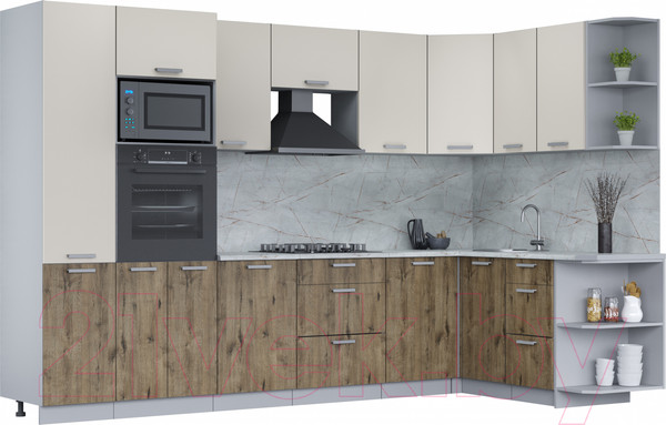 Изображение товара Кухонный гарнитур Интерлиния Мила Лайт 1.68x3.2 правая (персидский жемчуг/дуб веллингтон/серый каспий)