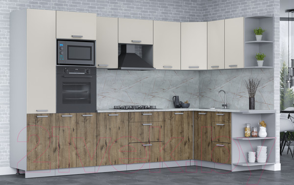 Изображение товара Кухонный гарнитур Интерлиния Мила Лайт 1.68x3.2 правая (персидский жемчуг/дуб веллингтон/серый каспий)