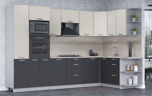 Изображение товара Кухонный гарнитур Интерлиния Мила Лайт 1.68x3.2 правая (персидский жемчуг/антрацит/травертин серый)