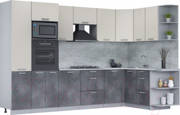 Изображение товара Кухонный гарнитур Интерлиния Мила Лайт 1.68x3.2 правая (персидский жемчуг/бетон портленд/серый каспий)