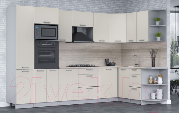 Изображение товара Кухонный гарнитур Интерлиния Мила Лайт 1.68x3.2 правая (персидский жемчуг/персидский жемчуг/травертин серый)