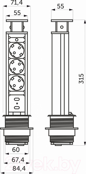 Изображение товара Блок розеточный AKS Nova Vulcan USB выдвижной (3 розетки, шлифованная сталь)