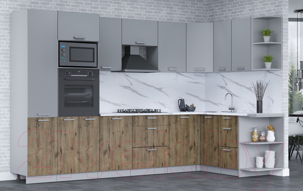 Изображение товара Кухонный гарнитур Интерлиния Мила Лайт 1.68x3.2 правая (серебро/дуб веллингтон/белый гранит)