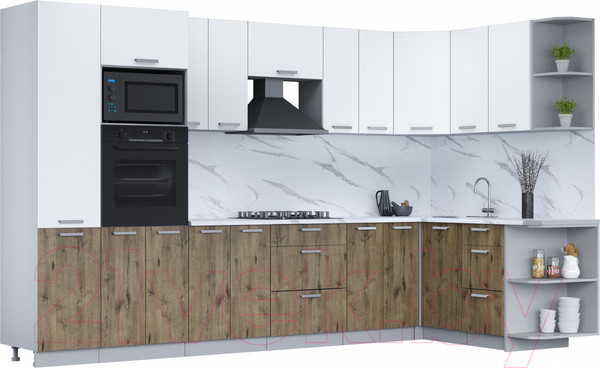 Изображение товара Кухонный гарнитур Интерлиния Мила Лайт 1.68x3.4 правая (белый платинум/дуб веллингтон/белый гранит)