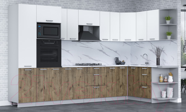 Изображение товара Кухонный гарнитур Интерлиния Мила Лайт 1.68x3.4 правая (белый платинум/дуб веллингтон/белый гранит)