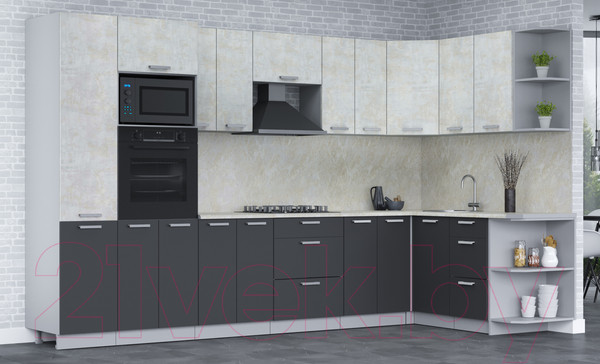 Изображение товара Кухонный гарнитур Интерлиния Мила Лайт 1.68x3.4 правая (бетон лайт/антрацит/опал светлый)