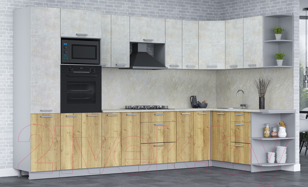 Изображение товара Кухонный гарнитур Интерлиния Мила Лайт 1.68x3.4 правая (бетон лайт/дуб золотой/опал светлый)