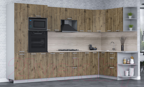 Изображение товара Кухонный гарнитур Интерлиния Мила Лайт 1.68x3.4 правая (дуб веллингтон/дуб веллингтон/травертин серый)