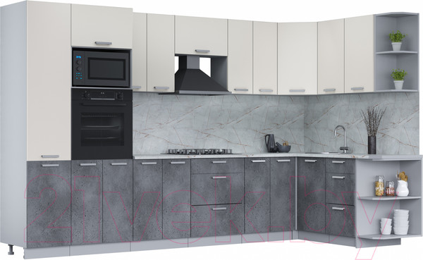 Изображение товара Кухонный гарнитур Интерлиния Мила Лайт 1.68x3.4 правая (персидский жемчуг/бетон портленд/серый каспий)