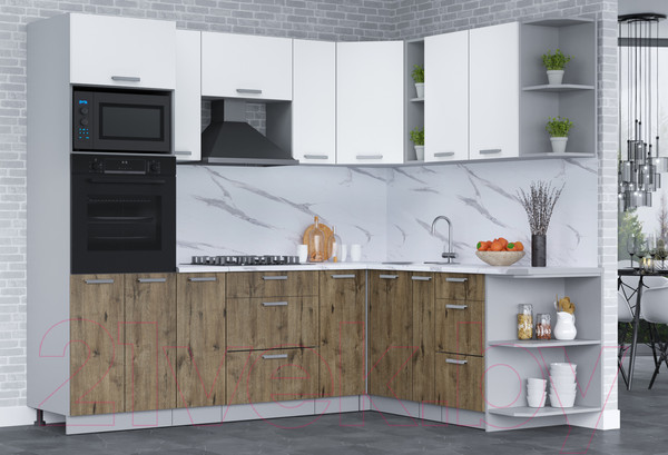 Изображение товара Кухонный гарнитур Интерлиния Мила Лайт 1.88x2.4 правая (белый платинум/дуб веллингтон/белый гранит)