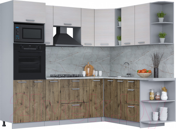 Изображение товара Кухонный гарнитур Интерлиния Мила Лайт 1.88x2.4 правая (вудлайн кремовый/дуб веллингтон/серый каспий)