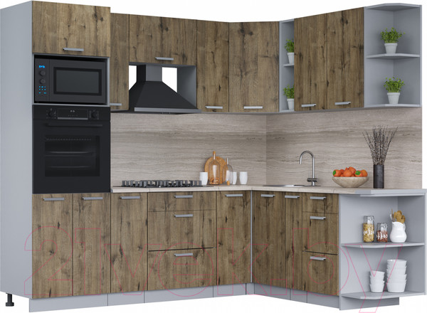 Изображение товара Кухонный гарнитур Интерлиния Мила Лайт 1.88x2.4 правая (дуб веллингтон/дуб веллингтон/травертин серый)