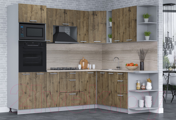 Изображение товара Кухонный гарнитур Интерлиния Мила Лайт 1.88x2.4 правая (дуб веллингтон/дуб веллингтон/травертин серый)