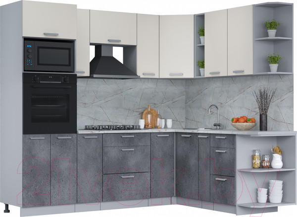 Изображение товара Кухонный гарнитур Интерлиния Мила Лайт 1.88x2.4 правая (персидский жемчуг/бетон портленд/серый каспий)