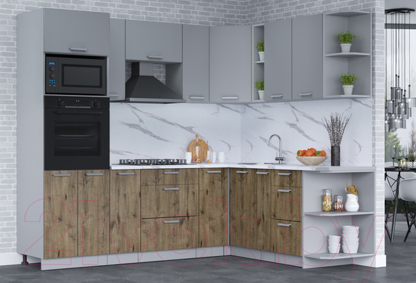 Изображение товара Кухонный гарнитур Интерлиния Мила Лайт 1.88x2.4 правая (серебро/дуб веллингтон/белый гранит)