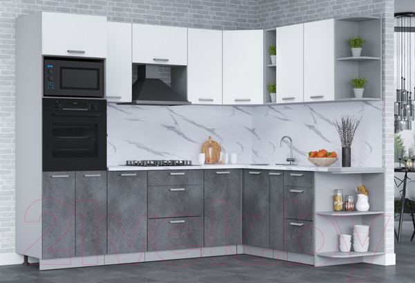 Изображение товара Кухонный гарнитур Интерлиния Мила Лайт 1.88x2.6 правая (белый платинум/бетон портленд/белый гранит)