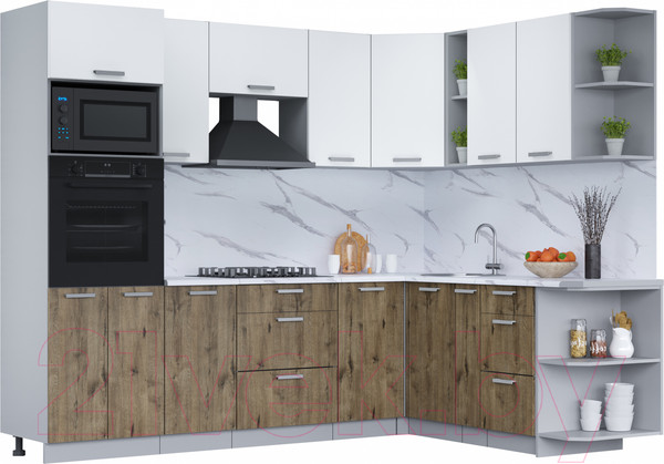 Изображение товара Кухонный гарнитур Интерлиния Мила Лайт 1.88x2.6 правая (белый платинум/дуб веллингтон/белый гранит)