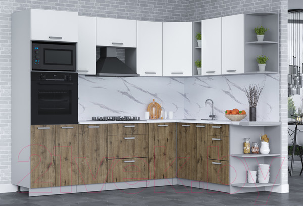 Изображение товара Кухонный гарнитур Интерлиния Мила Лайт 1.88x2.6 правая (белый платинум/дуб веллингтон/белый гранит)