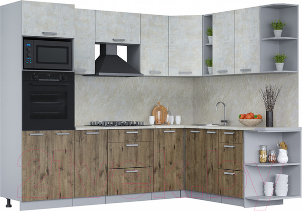 Изображение товара Кухонный гарнитур Интерлиния Мила Лайт 1.88x2.6 правая (бетон лайт/дуб веллингтон/опал светлый)