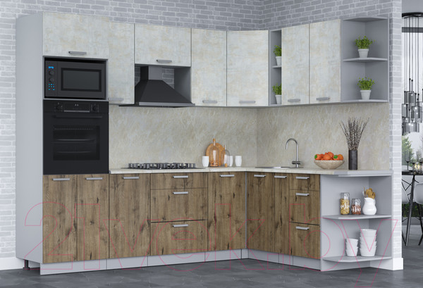 Изображение товара Кухонный гарнитур Интерлиния Мила Лайт 1.88x2.6 правая (бетон лайт/дуб веллингтон/опал светлый)