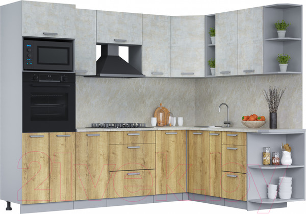 Изображение товара Кухонный гарнитур Интерлиния Мила Лайт 1.88x2.6 правая (бетон лайт/дуб золотой/опал светлый)