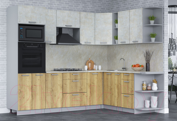 Изображение товара Кухонный гарнитур Интерлиния Мила Лайт 1.88x2.6 правая (бетон лайт/дуб золотой/опал светлый)