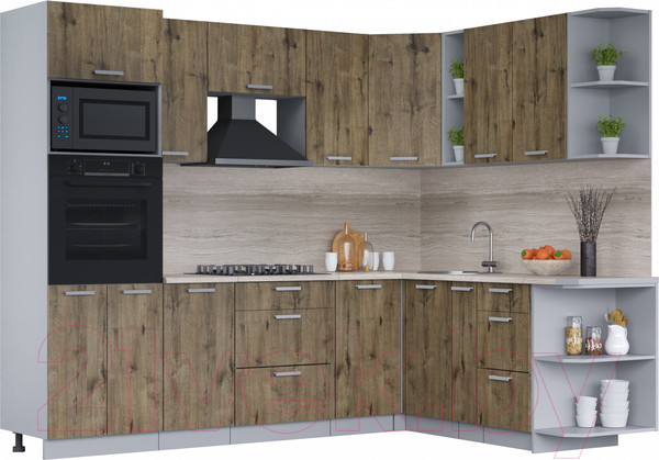 Изображение товара Кухонный гарнитур Интерлиния Мила Лайт 1.88x2.6 правая (дуб веллингтон/дуб веллингтон/травертин серый)