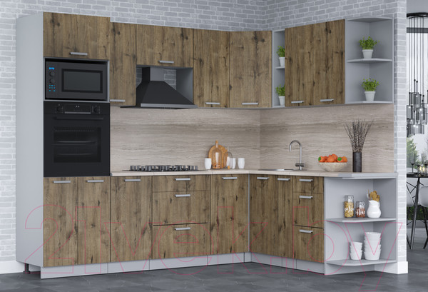 Изображение товара Кухонный гарнитур Интерлиния Мила Лайт 1.88x2.6 правая (дуб веллингтон/дуб веллингтон/травертин серый)