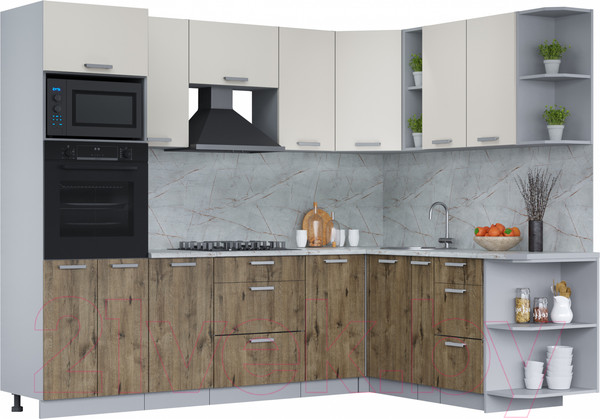 Изображение товара Кухонный гарнитур Интерлиния Мила Лайт 1.88x2.6 правая (персидский жемчуг/дуб веллингтон/серый каспий)