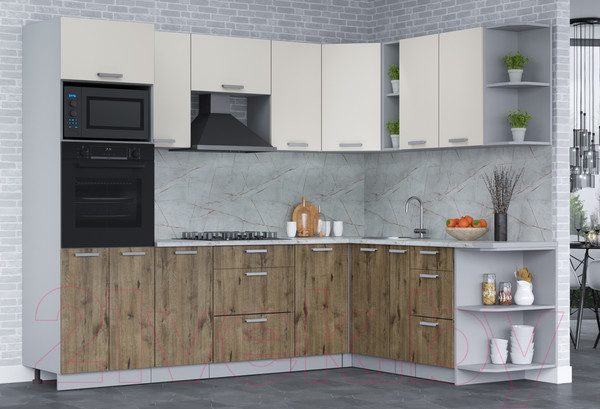 Изображение товара Кухонный гарнитур Интерлиния Мила Лайт 1.88x2.6 правая (персидский жемчуг/дуб веллингтон/серый каспий)