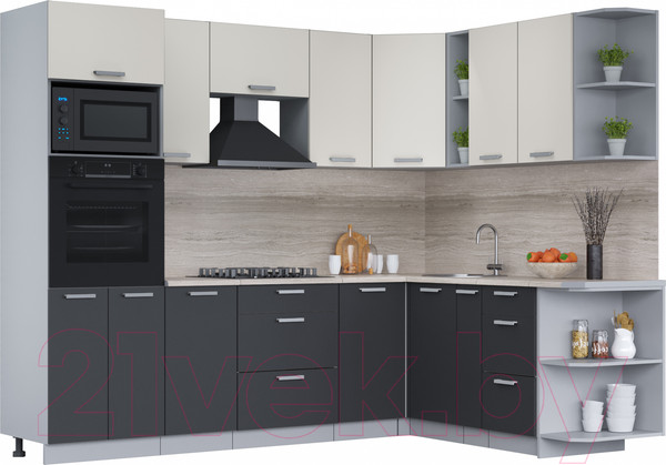 Изображение товара Кухонный гарнитур Интерлиния Мила Лайт 1.88x2.6 правая (персидский жемчуг/антрацит/травертин серый)