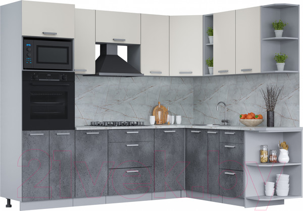 Изображение товара Кухонный гарнитур Интерлиния Мила Лайт 1.88x2.6 правая (персидский жемчуг/бетон портленд/серый каспий)