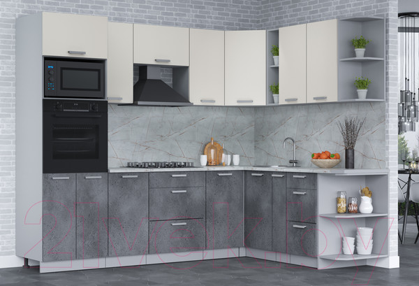 Изображение товара Кухонный гарнитур Интерлиния Мила Лайт 1.88x2.6 правая (персидский жемчуг/бетон портленд/серый каспий)