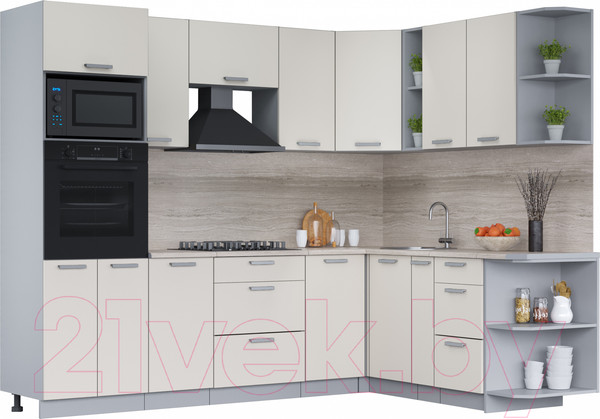 Изображение товара Кухонный гарнитур Интерлиния Мила Лайт 1.88x2.6 правая (персидский жемчуг/персидский жемчуг/травертин серый)