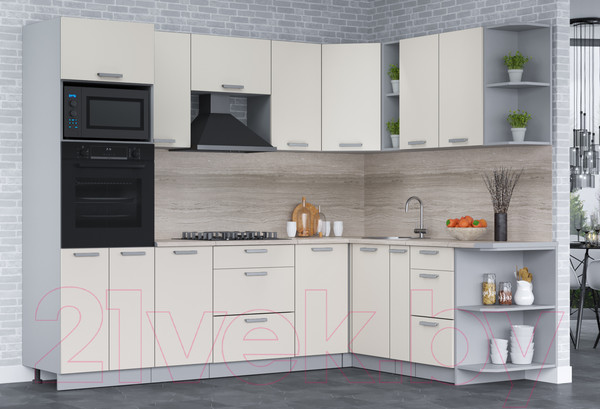 Изображение товара Кухонный гарнитур Интерлиния Мила Лайт 1.88x2.6 правая (персидский жемчуг/персидский жемчуг/травертин серый)