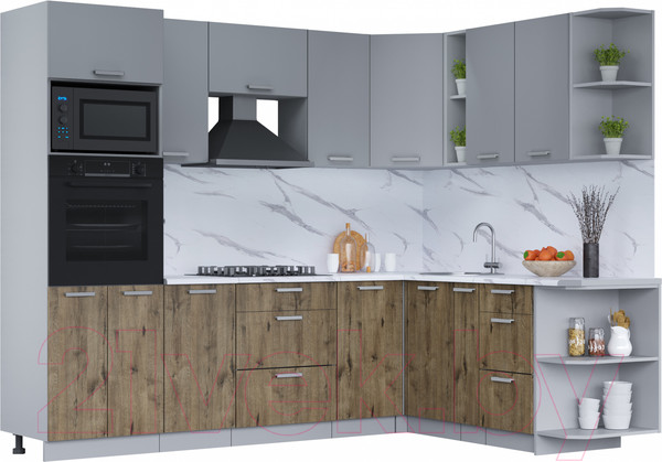 Изображение товара Кухонный гарнитур Интерлиния Мила Лайт 1.88x2.6 правая (серебро/дуб веллингтон/белый гранит)