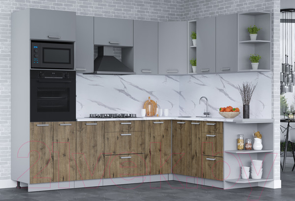 Изображение товара Кухонный гарнитур Интерлиния Мила Лайт 1.88x2.6 правая (серебро/дуб веллингтон/белый гранит)