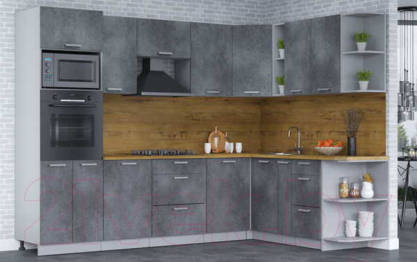 Изображение товара Кухонный гарнитур Интерлиния Мила Лайт 1.88x2.8 правая (бетон потленд/бетон портленд/дуб бунратти)