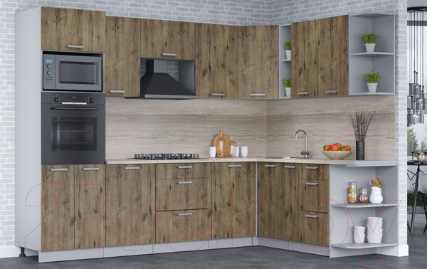 Изображение товара Кухонный гарнитур Интерлиния Мила Лайт 1.88x2.8 правая (дуб веллингтон/дуб веллингтон/травертин серый)