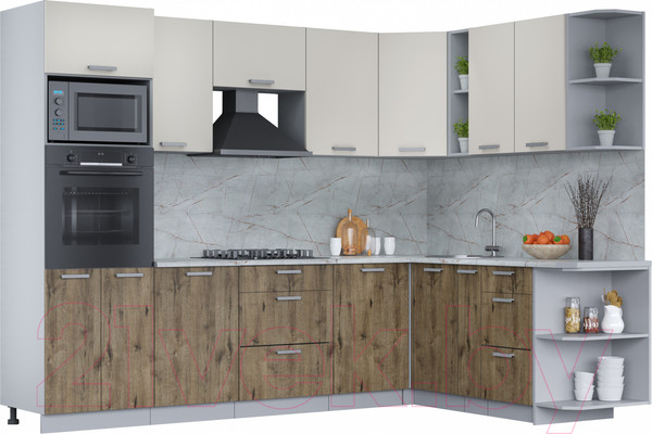 Изображение товара Кухонный гарнитур Интерлиния Мила Лайт 1.88x2.8 правая (персидский жемчуг/дуб веллингтон/серый каспий)