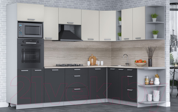 Изображение товара Кухонный гарнитур Интерлиния Мила Лайт 1.88x2.8 правая (персидский жемчуг/антрацит/травертин серый)