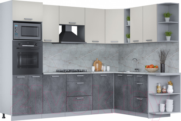 Изображение товара Кухонный гарнитур Интерлиния Мила Лайт 1.88x2.8 правая (персидский жемчуг/бетон портленд/серый каспий)