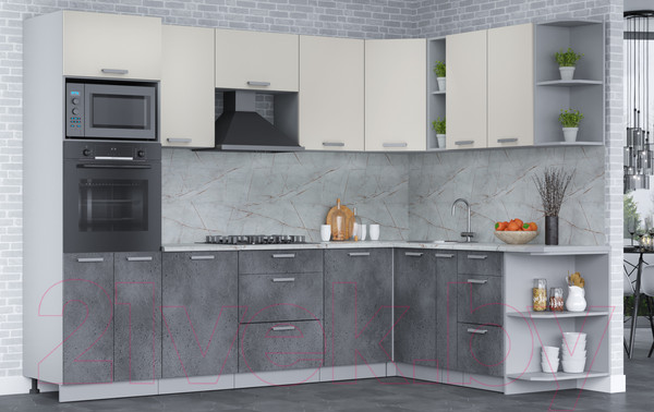 Изображение товара Кухонный гарнитур Интерлиния Мила Лайт 1.88x2.8 правая (персидский жемчуг/бетон портленд/серый каспий)