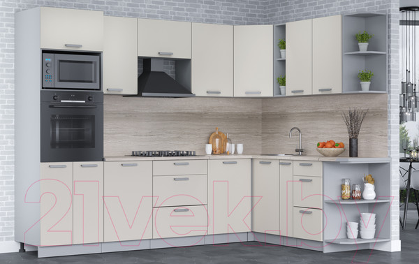 Изображение товара Кухонный гарнитур Интерлиния Мила Лайт 1.88x2.8 правая (персидский жемчуг/перс. жемчуг/травертин серый)