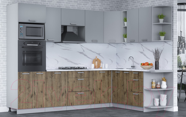 Изображение товара Кухонный гарнитур Интерлиния Мила Лайт 1.88x2.8 правая (серебро/дуб веллингтон/белый гранит)